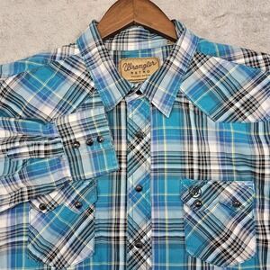 Wrangler Retro Men's Plaid Western Shirt XL Blue Pearl Snap Long Sleeve Cowboy